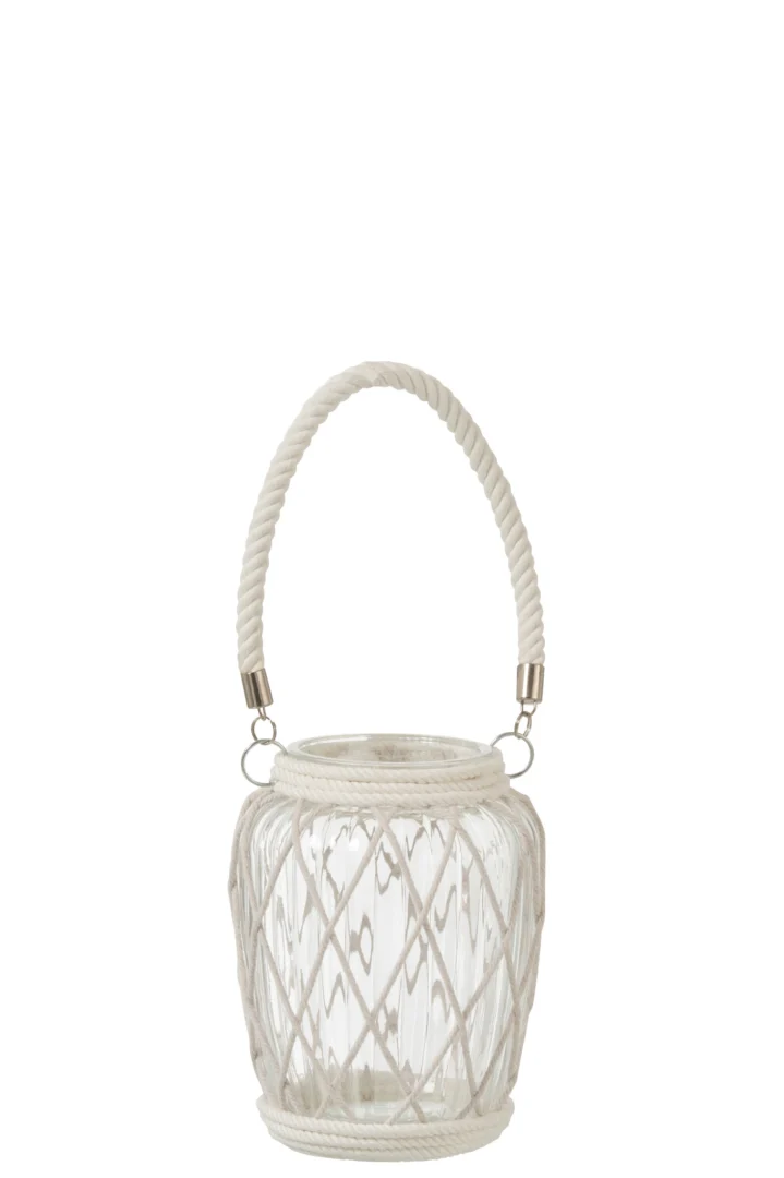 De Kaarsenhouder Hurricane Kom Glas Katoen Wit Groot is een decoratieve glazen lantaarn met een wit touwhandvat en een kriskras touwontwerp op een effen witte achtergrond.