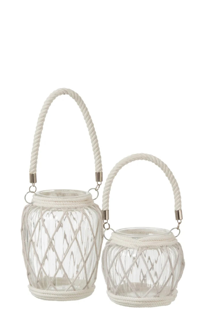 De Kaarsenhouder Hurricane Kom Glas Katoen Wit Groot is een lantaarn van helder glas met een handvat van wit katoenen touw en decoratieve details van touw, met metalen bevestigingen op het handvat.