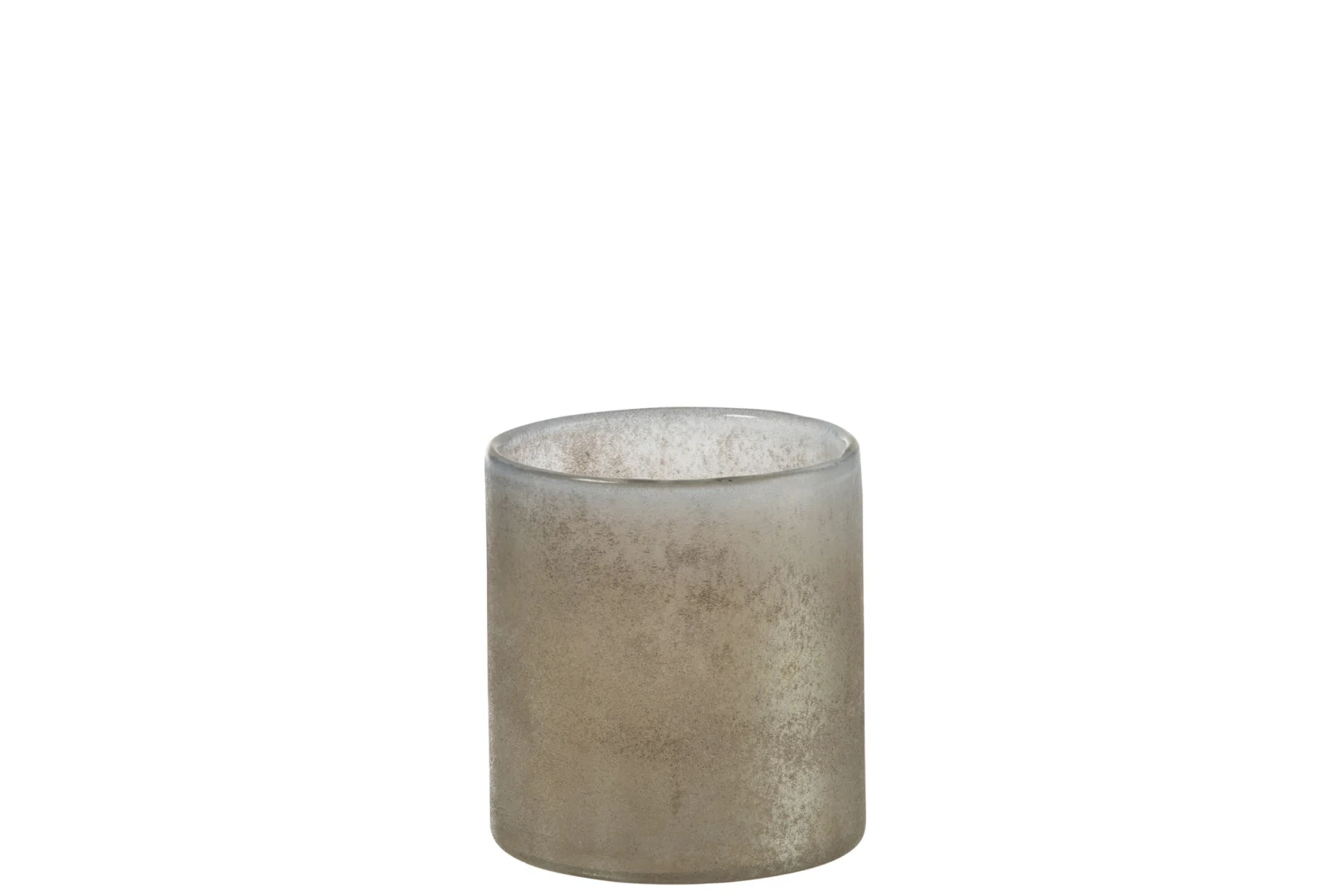 Theelichthouder Smokey Cilinder Glas Beige Medium is een cilindervormige kandelaar van matglas met een gemêleerde metallic gouden en bruine afwerking, tegen een witte achtergrond.