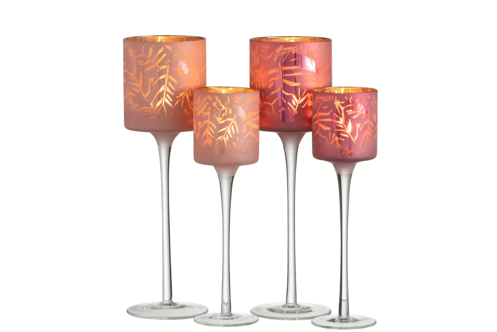 Set van twee grote roze glazen kandelaars (Theelichthouder Op Voet Toekan Glas Roze Groot), met geëtste bladmotieven en lange, heldere stelen.