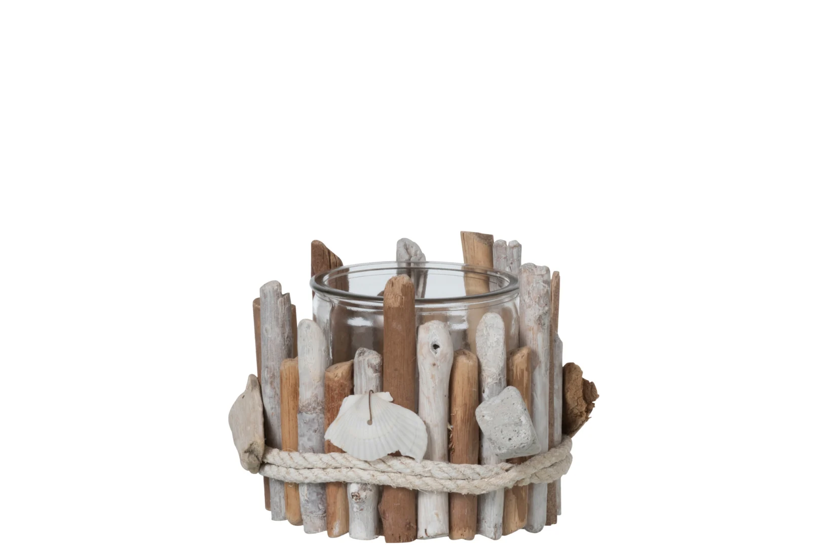 Theelichthouder Takken Hout Wit Natuurlijk Groot is een grote glazen kandelaar gevat in verticale stukken drijfhout en schelpen, met een touw aan de basis voor een rustieke, op het strand geïnspireerde look.