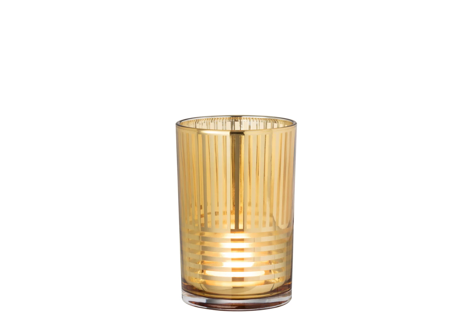 De Kaarsenhouder Orkaan Streep Glas Goud Groot is een hoge, transparante glazen kandelaar met een gouden tint en verticale en horizontale strepen, afgebeeld op een witte achtergrond.