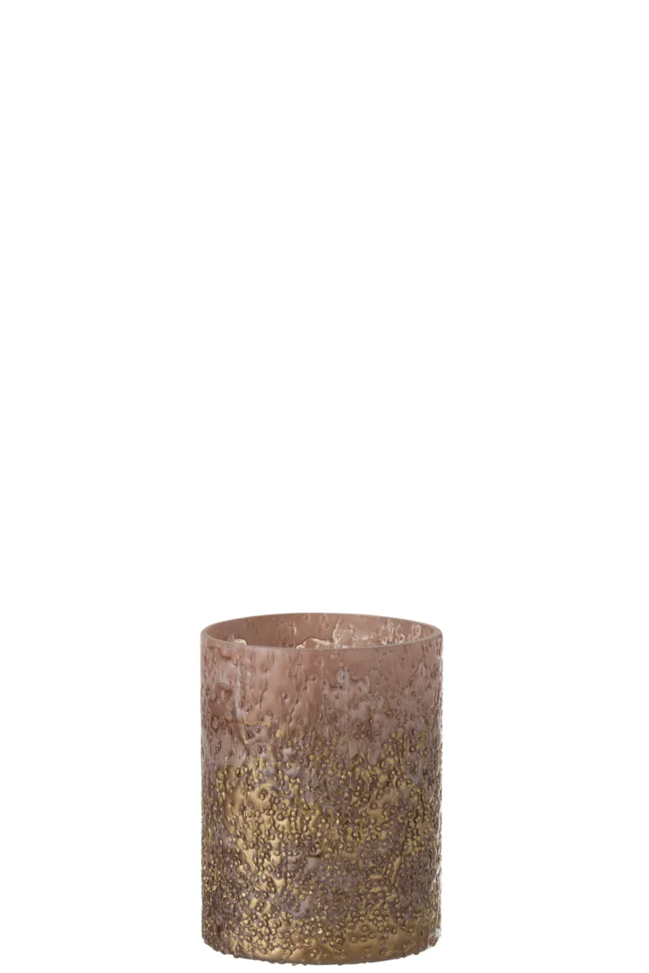 De Kaarsenhouder Orkaan Lijn Glas Roze Goud Klein is een glazen beker met textuur. Het ontwerp loopt over van lichtroze aan de bovenkant naar metallic goud aan de onderkant.