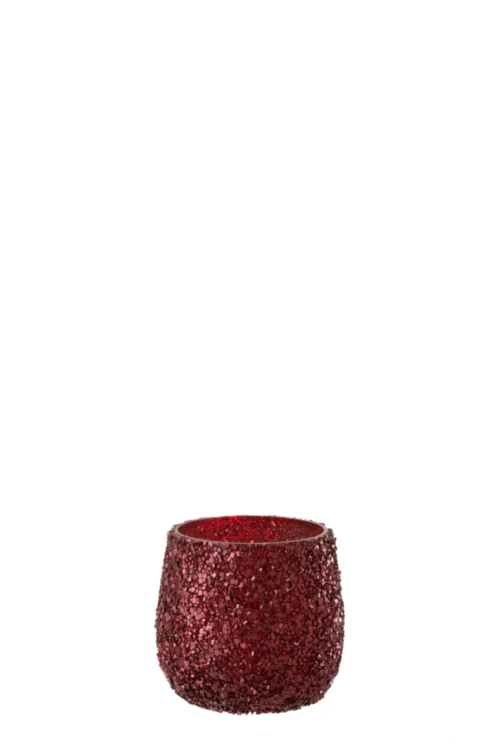Theelichthouder Glitter Glas Rood, een kleine ronde kandelaar met een rood glitteroppervlak, is gecentreerd tegen een effen witte achtergrond.