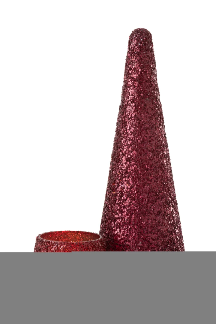 Twee Theelichthouder Glitter Glas Rood houders - de ene hoog en kegelvormig, de andere kort en rond - zijn beide bedekt met rode glitters en worden weergegeven tegen een witte achtergrond.