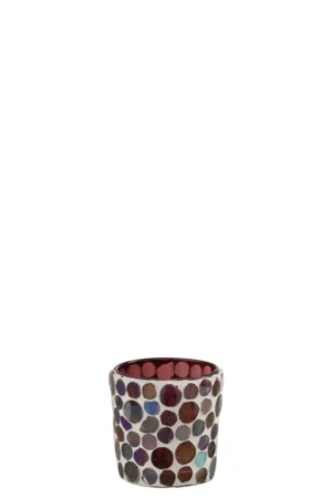 Theelichthouder Mozaïekglas Rood Wit Klein: een klein cilindervormig mozaïekglas met iriserende en paarse cirkelvormige tegeltjes met een donkerroze binnenkant, gefotografeerd op een effen witte achtergrond.