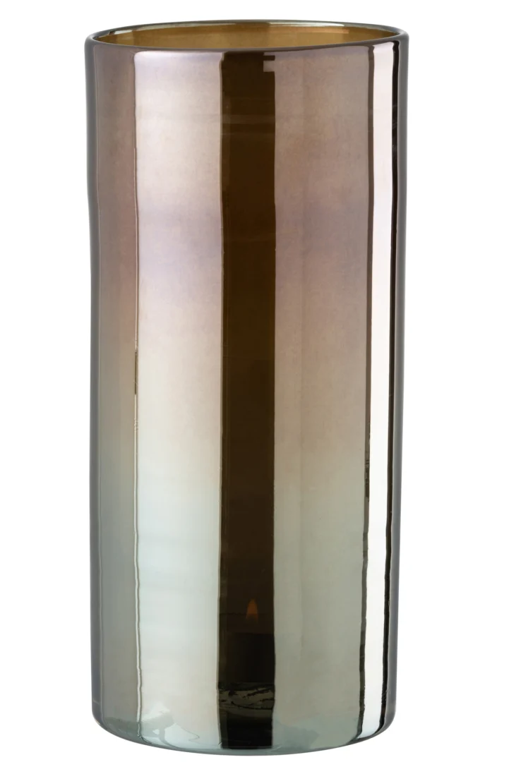 De Kaarsenhouder Hurricane Glas Donkergrijs Groot is een hoge, cilindervormige glazen vaas met een donkergrijze metallic afwerking en gladde, rechte zijkanten, met een eenvoudig en modern ontwerp.