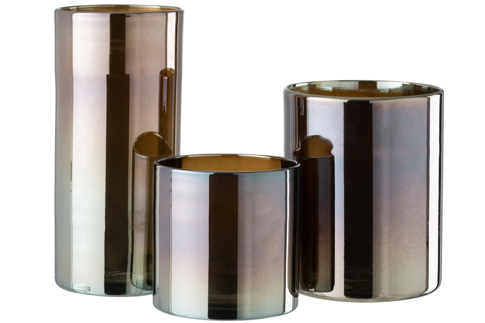 Een Kaarsenhouder Hurricane Glas Donkergrijs Groot met een reflecterende, metallic afwerking wordt weergegeven tegen een witte achtergrond.