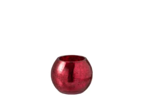 De Orkaanbal Knisperglas Glanzend Rood Klein, een kleine ronde vaas van rood glas met een glanzende, gestructureerde afwerking, is gecentreerd op een witte achtergrond.