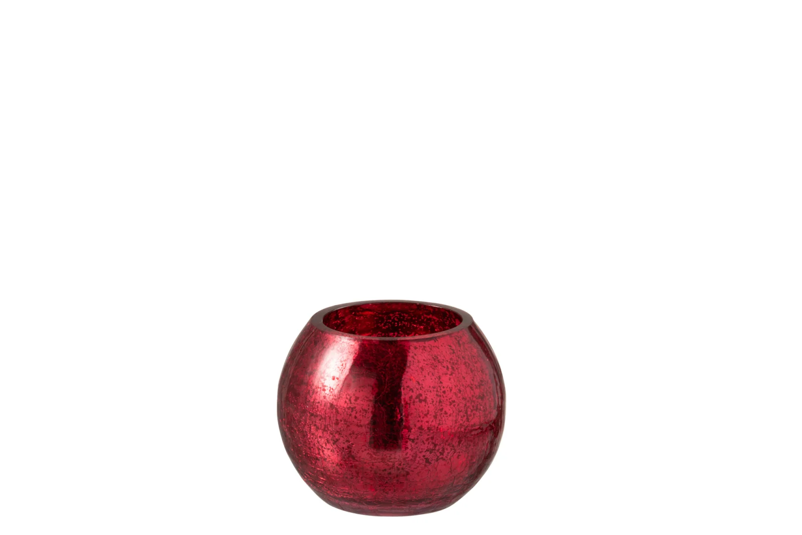De Orkaanbal Knisperglas Glanzend Rood Klein, een kleine ronde vaas van rood glas met een glanzende, gestructureerde afwerking, is gecentreerd op een witte achtergrond.