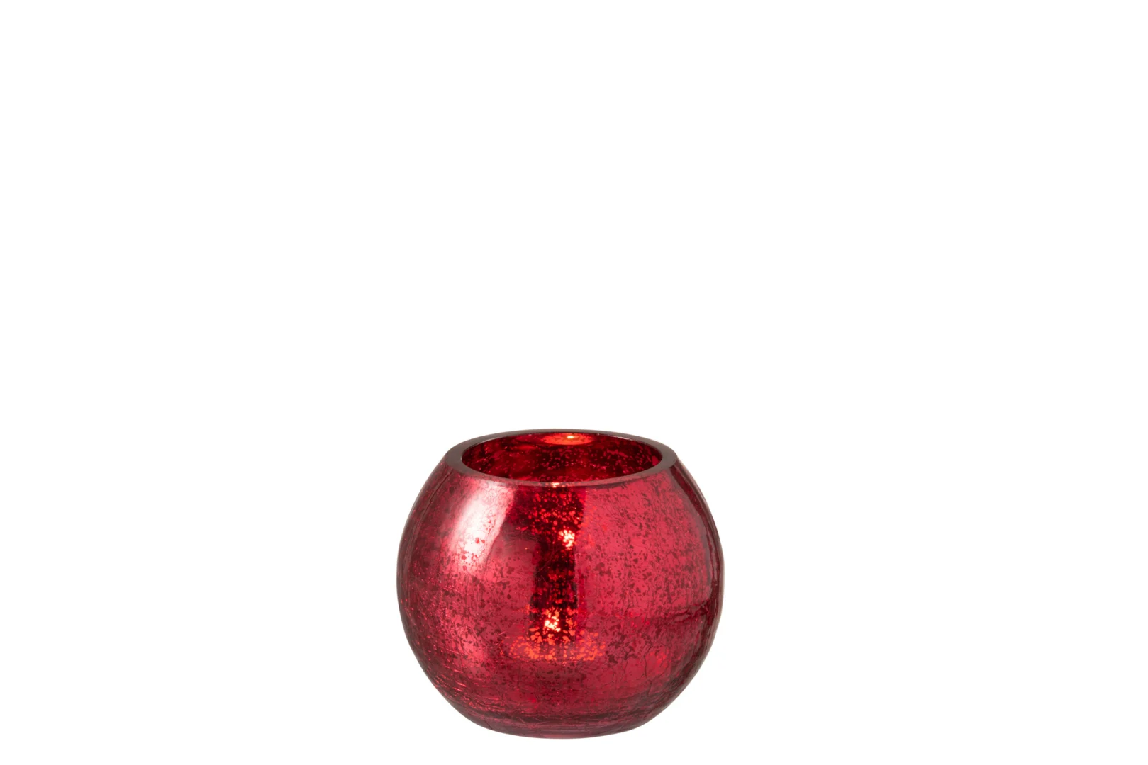 De Orkaanbal Knisperglas Glanzend Rood Klein is een ronde, glanzend rode glazen kandelaar met een gespikkelde textuur, afgebeeld op een witte achtergrond.