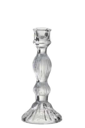 De Kandelaar Bal Glas Transparant Groot is een kandelaar van helder glas met een geribbeld, gewelfd ontwerp en een brede, gecanneleerde voet, afgebeeld tegen een witte achtergrond.