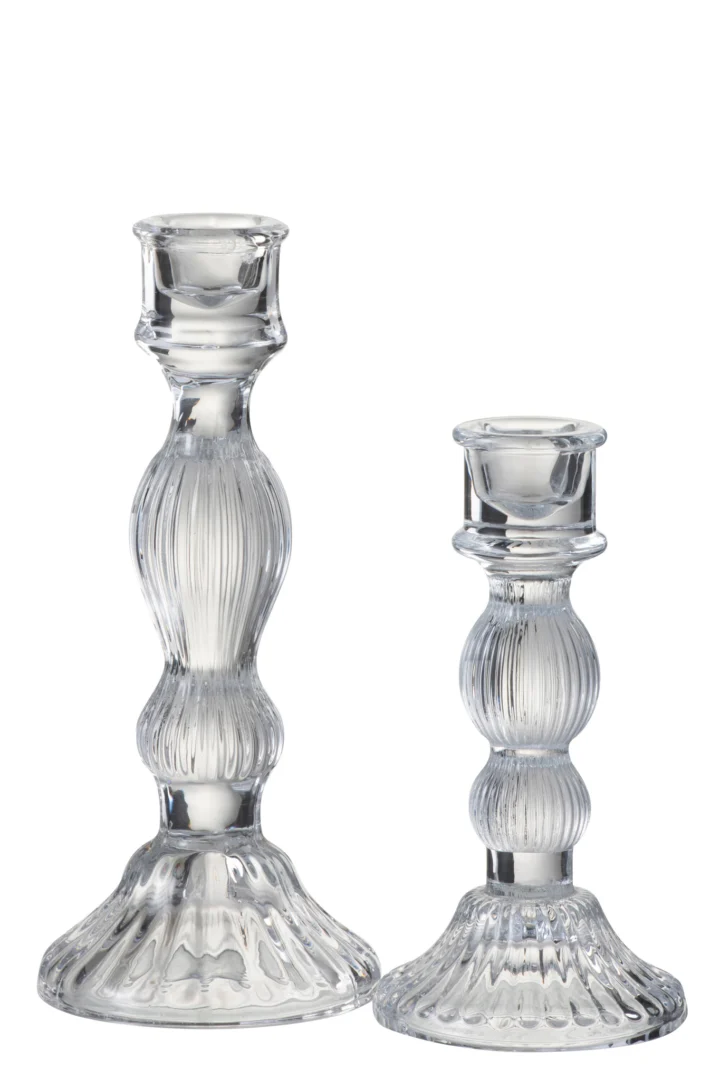 De Kandelaar Bal Glas Transparant Groot is een kandelaar van helder glas met een geribbeld, gestructureerd ontwerp en een brede, uitlopende voet. Leeg tegen een witte achtergrond voegt hij een elegante stijl toe aan elke omgeving.