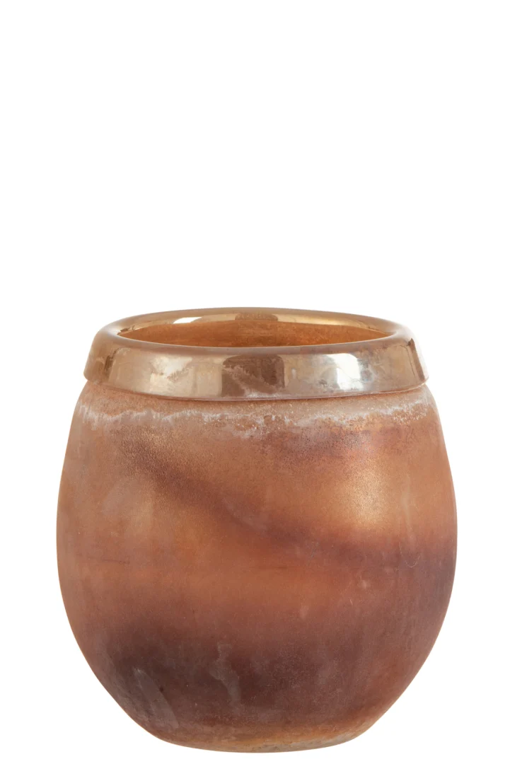 De Kaarsenhouder Orkaan Scavo Randglas Bourgondië Medium is een ronde, bruine pot van keramiek met een licht glanzende afwerking en een brede opening, afgebeeld tegen een witte achtergrond.