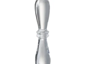 De Kaarsenhouder Leti Glas Transparant Groot is een kandelaar van helder glas met een ronde voet en decoratieve gebogen steel, afgebeeld op een witte achtergrond.