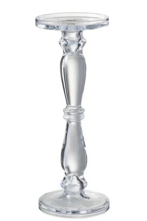 De Kaarsenhouder Leti Glas Transparant Groot is een kandelaar van helder glas met een ronde voet en decoratieve gebogen steel, afgebeeld op een witte achtergrond.