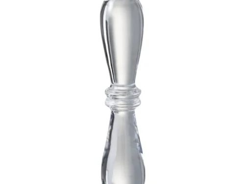 De Kaarsenhouder Leti Glas Transparant Groot is een kandelaar van helder glas met een ronde voet en decoratieve gebogen steel, afgebeeld op een witte achtergrond.