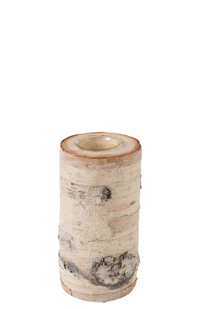 Theelichthouder Cilinder Schors Natuurlijk Medium is een middelgrote cilindrische berkenhouten kandelaar met een natuurlijke schorsstructuur en een uitgehold midden, uitgevoerd in een lichtbruine kleur op een effen witte achtergrond.