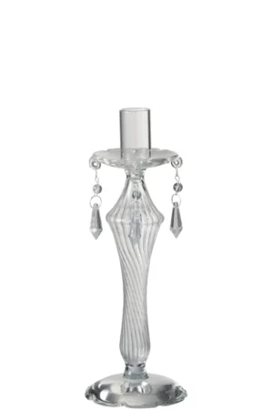 De Kaarsenhouder Parelglas Transparant Klein is een kandelaar van helder glas met een geribbelde steel, een ronde voet en kristalachtige hangers rond de bovenkant.