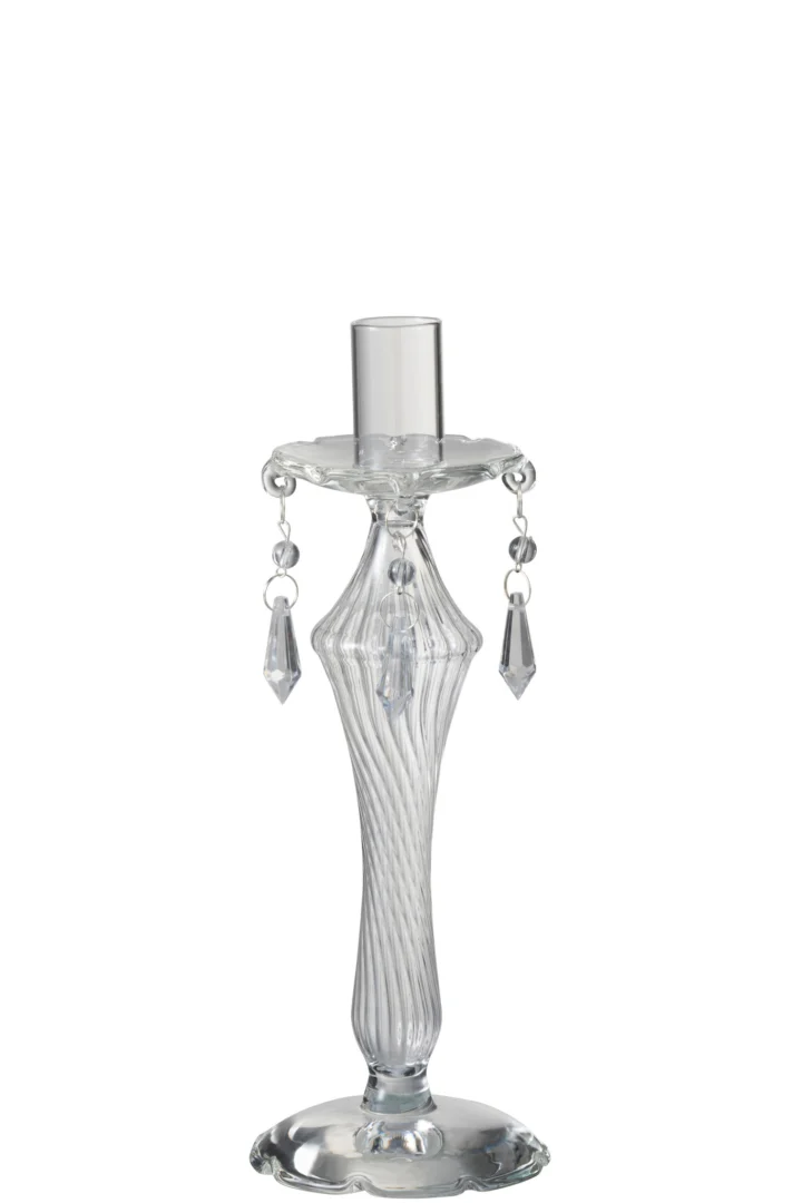 De Kaarsenhouder Parelglas Transparant Klein is een kandelaar van helder glas met een geribbelde steel, een ronde voet en kristalachtige hangers rond de bovenkant.