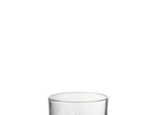 Theelichthouder Suikerbodem Glas Helder Middel is een kandelaar van helder glas met zilveren glitteraccenten aan de onderkant voor een berijpte, feestelijke uitstraling. Weergegeven tegen een effen witte achtergrond.