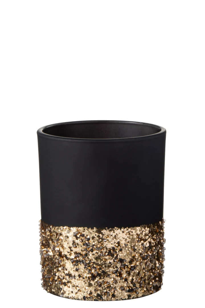 Een glazen waxinelichthouder in medium blauw en goud, versierd met pailletten voor een sprankelende look. Het product heet "Theelichthouder Pailletten Glas Blauw Goud Medium.