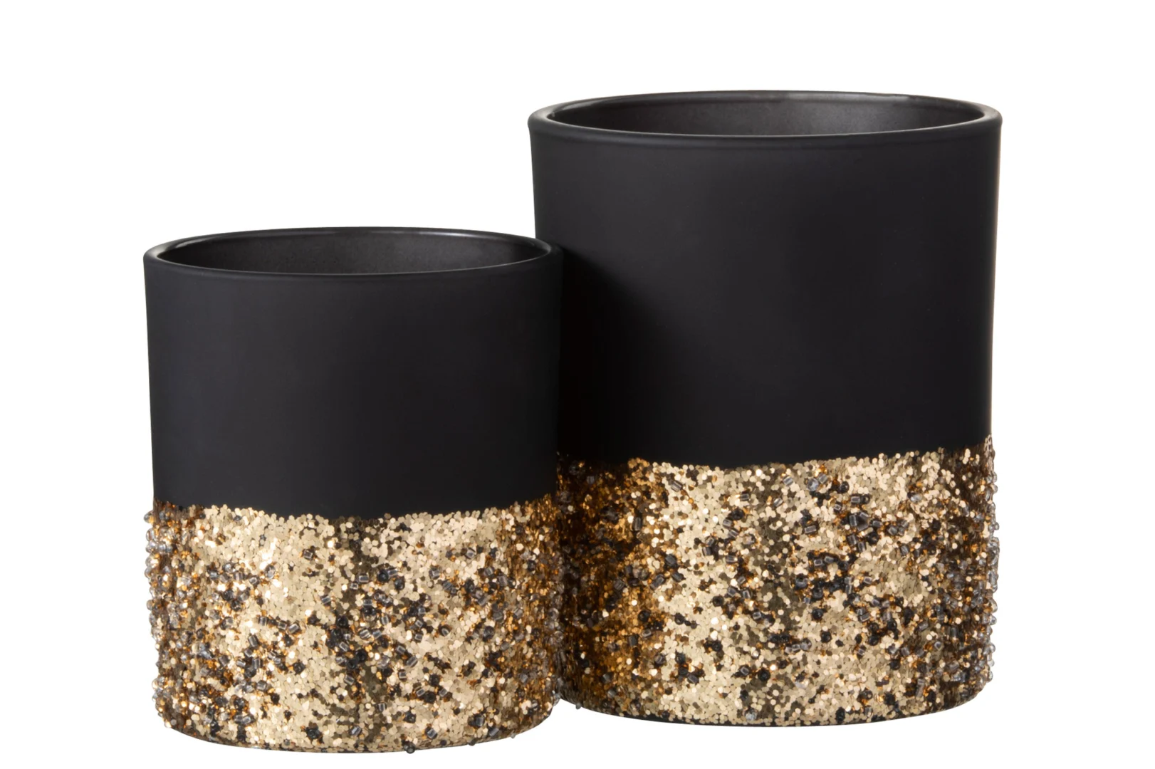 Twee blauw met gouden glazen kandelaars, Theelichthouder Pailletten Glas Blauw Goud Medium, zijn voorzien van fonkelende lovertjes op hun onderste helften. Eén houder is iets hoger, waardoor een stijlvol decoratief effect ontstaat.