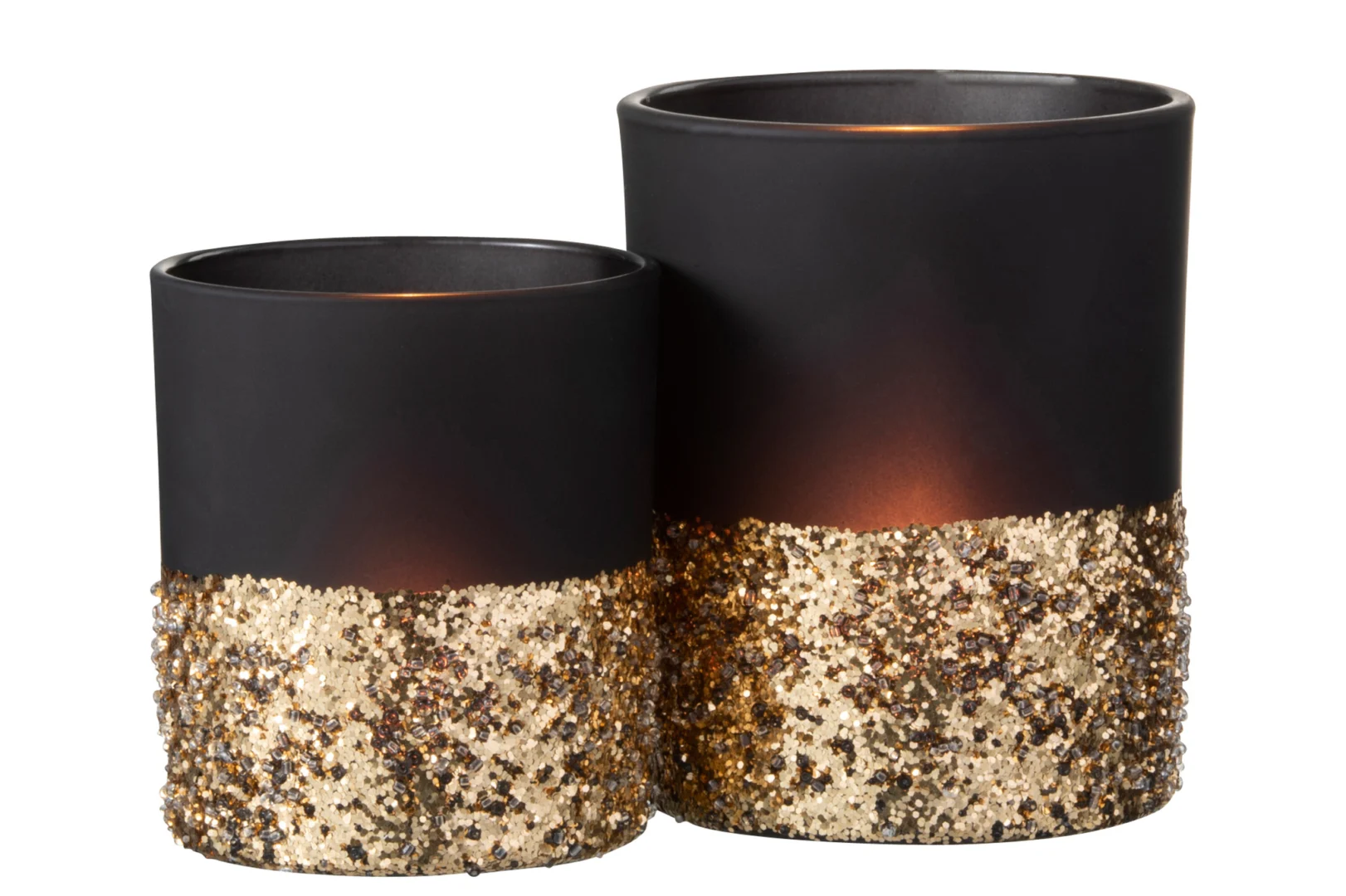 Theelichthouder Pailletten Glas Blauw Goud Medium: elegante glazen kandelaars met blauwe en gouden pailletten, die een warme gloed creëren als er kaarsen in branden.