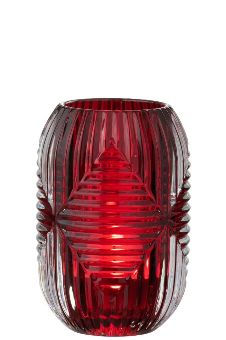 Theelichthouder Hoge lijnen Glas Rood heeft een rood glazen ontwerp met geometrische facetten en verticale richels die het licht weerkaatsen, waardoor elegante doorschijnende details ontstaan.