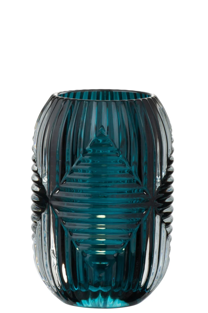 Theelichthouder Hoge lijnen Glas Blauw heeft een blauw glazen ontwerp met verticale en horizontale geribbelde texturen die geometrische ruitpatronen vormen op het oppervlak.