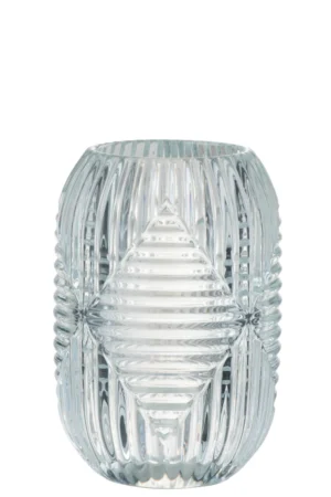 Theelichthouder Hoge lijnen Glas helder is een vaas van helder glas met een cilindrische vorm, met verticale en diagonale geribbelde texturen voor een geometrisch, ruitvormig oppervlaktepatroon.