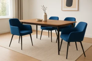 Een moderne eetkamer met een houten tafel, vier blauwe eetkamerstoelen met armleuning, een beige vloerkleed en een witte vaas met gedroogde takken. De minimalistische inrichting bestaat uit een ingelijst abstract kunstwerk en een raam met gordijnen.