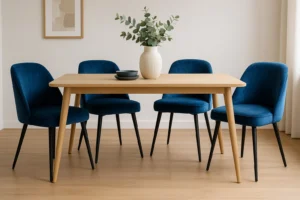 Een moderne eetkamer met een lichte houten tafel, blauw fluwelen eetkamerstoelen, een witte vaas met groen gebladerte en twee zwarte schalen. Lichte muren, houten vloeren en ingelijste abstracte kunstwerken maken de stijlvolle ruimte compleet.