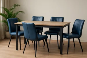 Een moderne eetkamer met een lichthouten tafel en zes blauwe leren eetkamerstoelen op een lichthouten vloer. Een groene potplant staat op de achtergrond bij een lichtgekleurde muur en raam met witte gordijnen.