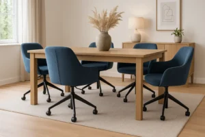 Een moderne eetkamer met een houten tafel omringd door vijf blauw gestoffeerde draaistoelen op wieltjes, die comfort en gemak bieden. Een vaas met pampagras vormt het middelpunt, aangevuld met een neutrale inrichting met onder andere een lamp en ingelijste kunst.