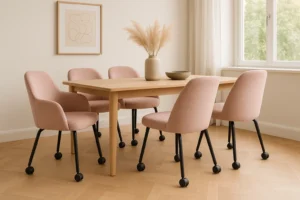 Een lichthouten eettafel omringd door vijf roze gestoffeerde stoelen met zwarte poten en wieltjes biedt comfort en gemak in een lichte kamer met een raam, beige gordijnen, muurkunst en een vaas met pampagras op tafel.