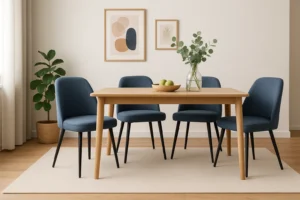 Moderne eetkamer met een houten tafel, vier blauw gestoffeerde stoelen - dit zijn de voordelen van comfortabele zitplaatsen - een vaas met groen, een schaal met appels, ingelijste abstracte kunst, een potplant en een neutraal vloerkleed op een houten vloer.