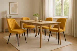 Een moderne eetkamer met een lichte houten tafel, vier gele gestoffeerde stoelen - dit zijn de voordelen van comfortabele zitplaatsen - een plant in pot op tafel, een dressoir met een lamp en ingelijste kunst en transparante gordijnen die natuurlijk licht binnenlaten.