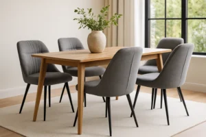 Een moderne eetkamer heeft een houten tafel met zes grijs gestoffeerde stoelen op een licht vloerkleed. Dit zijn de voordelen van comfortabele stoelen: ontspan in stijl terwijl je geniet van het uitzicht op groen door het grote raam.