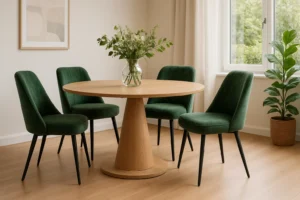 Een ronde houten eettafel met een glazen vaas met groen gebladerte wordt omringd door vier comfortabele groene gestoffeerde stoelen. Dit zijn de voordelen van comfortabele groene stoelen: stijlvol, uitnodigend en perfect voor een gezellige eetkamer met licht hout en planten.