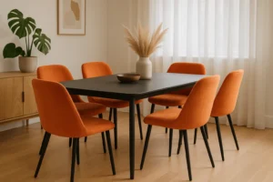 Een moderne eetkamer met een zwarte rechthoekige tafel, zes oranje gestoffeerde stoelen - perfect voor wie zich afvraagt "Hoe kies je de juiste oranje eetkamerstoelen" - een beige vaas met pampagras, houten vloeren, lichte gordijnen en een minimalistische inrichting.