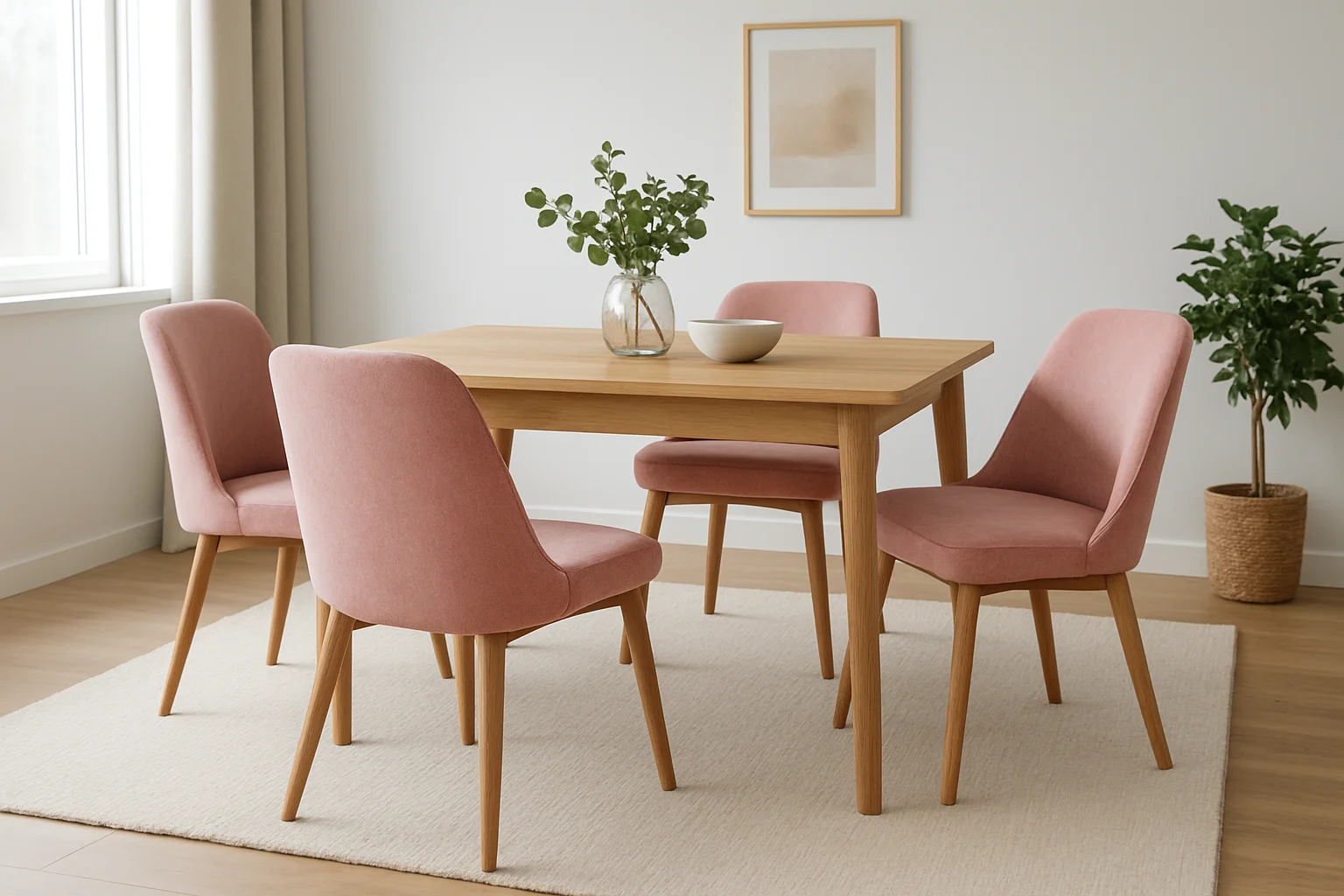 Een moderne eetkamer met een houten tafel, vier roze gestoffeerde stoelen - dit zijn de voordelen van comfortabele zitplekken - een vaas met groen gebladerte, een schaal op tafel, abstracte kunstwerken en een potplant op een licht vloerkleed.