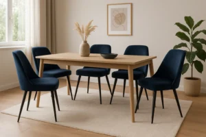 Een moderne eetkamer met een houten tafel, zes donkerblauwe eetkamerstoelen, een beige vloerkleed, een vaas met pampagras, een zwarte schaal, ingelijste abstracte kunstwerken aan de muur en een potplant in de hoek.