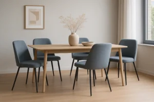 Een minimalistische eetkamer met een lichte houten tafel, vijf grijsblauwe eetkamerstoelen met zwarte poten, een beige vaas met droogbloemen, een schaal, ingelijste abstracte kunst aan de muur en een groot raam met witte gordijnen.