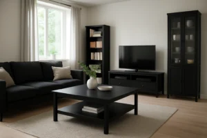Een moderne woonkamer met zwarte meubels, waaronder een bank, salontafel, tv-meubel, boekenplank en vitrinekast - perfect als je je hebt afgevraagd: Heeft Ikea zwarte meubels? Lichte muren en een minimale inrichting creëren een schone, gezellige sfeer.