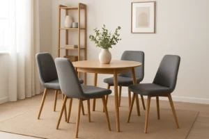 Een ronde houten eettafel met een witte vaas met groene bladeren, omringd door vier grijs gestoffeerde stoelen - perfect voor wie zich afvraagt: hoe combineer je 4 grijze eetkamerstoelen - staat op een beige vloerkleed in een zacht verlichte, minimalistische kamer met lichte muren en een eenvoudige inrichting.