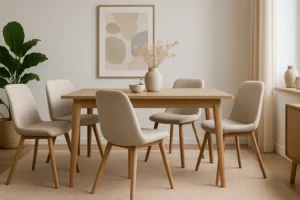 Een moderne eetkamer met een lichthouten tafel, zes beige gestoffeerde stoelen - hoe combineer je beige eetkamerstoelen? - een vaas met droogbloemen, neutrale muurkunst, een plant in potten en zacht natuurlijk licht van transparante gordijnen.