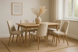 Een minimalistische eetkamer met een houten tafel, zes beige gestoffeerde stoelen - perfect om inspiratie op te doen over hoe combineer je eetkamerstoelen - een vloerkleed met structuur, een middenstuk van pampagras, lichte gordijnen, een groot raam en abstracte muurkunst.