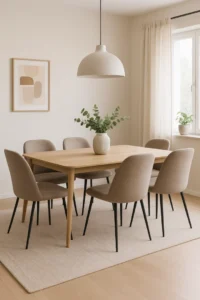 Een moderne eetkamer met een houten tafel, zes beige stoelen - perfect voor wie zich afvraagt "Hoe combineer je eetkamerstoelen beige"- een witte hanglamp, een vaas met groene bladeren, neutrale muurkunst, lichte gordijnen en zachte natuurlijke verlichting.
