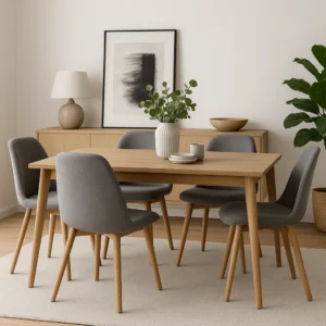 Een moderne eetkamer met een lichthouten tafel, vijf grijs gestoffeerde stoelen - perfect voor wie zich afvraagt "hoe combineer je grijze eetkamerstoelen" - een witte vaas met groen, een neutrale inrichting, een dressoir, abstracte kunst, een lamp en een grote bladplant in de hoek.